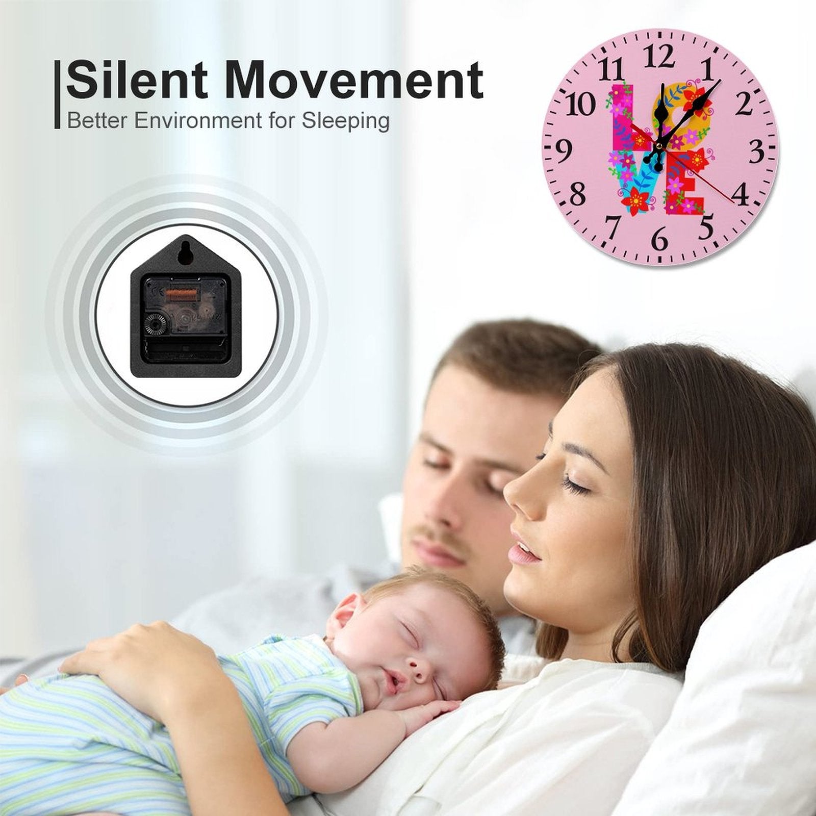 Floral LOVE Pink Modern Wooden Wall Clock