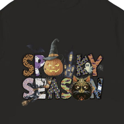 Black t-shirt with 'Spooky Season' graphic design featuring pumpkins and cats on a white background.