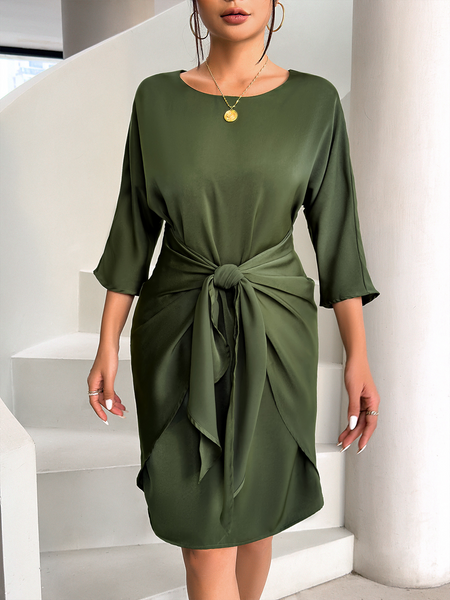 Women's Green Tie Front Round Neck Half Sleeve Midi Dress up to 3XL