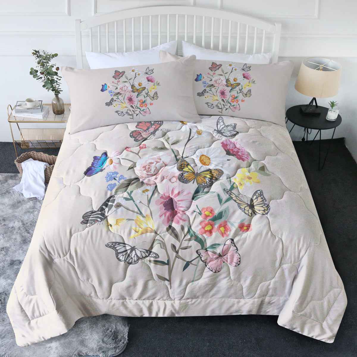 Khaki Twin Size Butterfly & Flowers Ultrasoft Comforter Set - 3 piece set