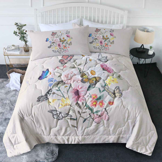 Khaki Twin Size Butterfly & Flowers Ultrasoft Comforter Set - 3 piece set