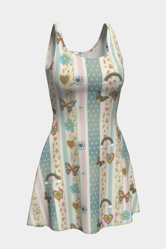 Multicolored patterned dress on a light gray background