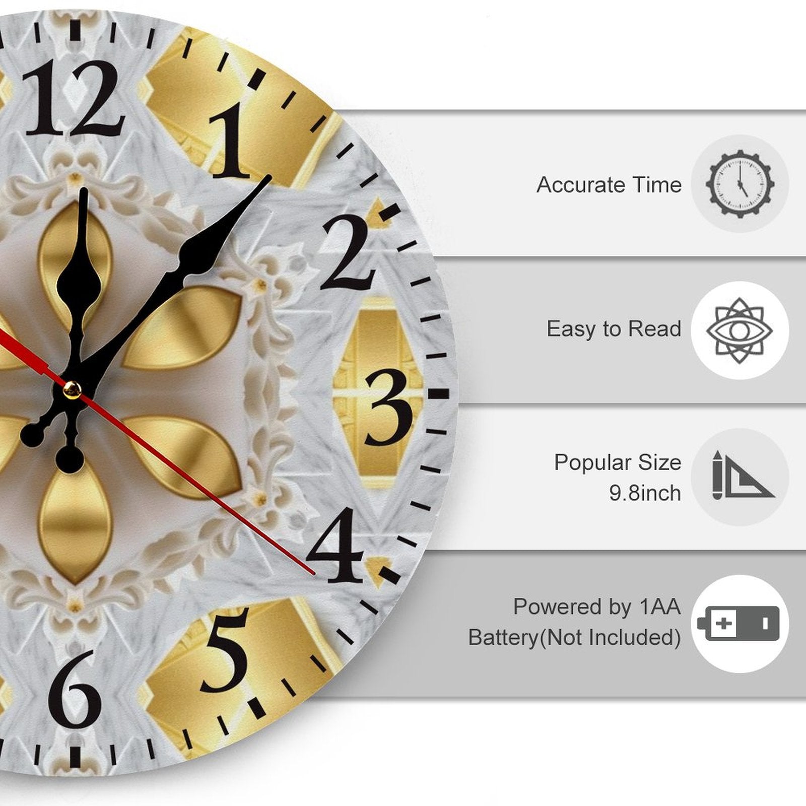 Decorative wall clock with gold and white design, featuring text about accuracy, readability, size, and battery information.