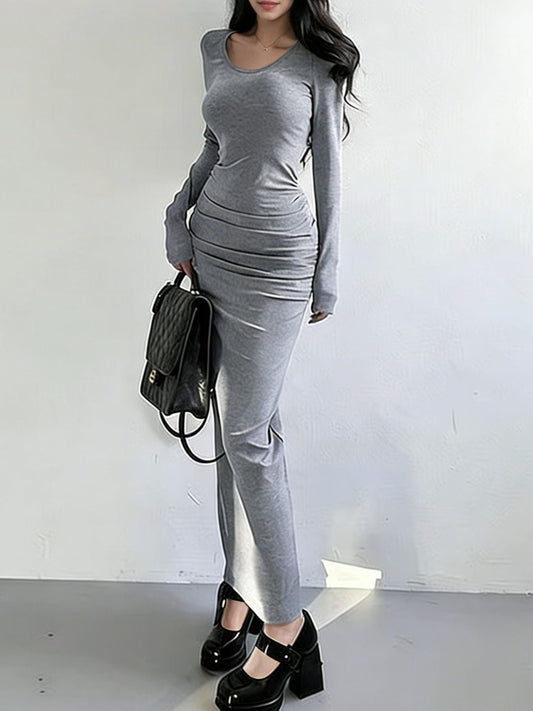 Ruched Slit Long Sleeve Bodycon Maxi Dress