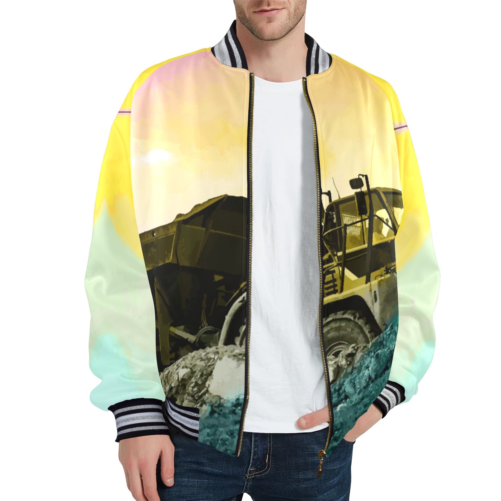 Men's Printed Design Striped Trim Bomber Jacket