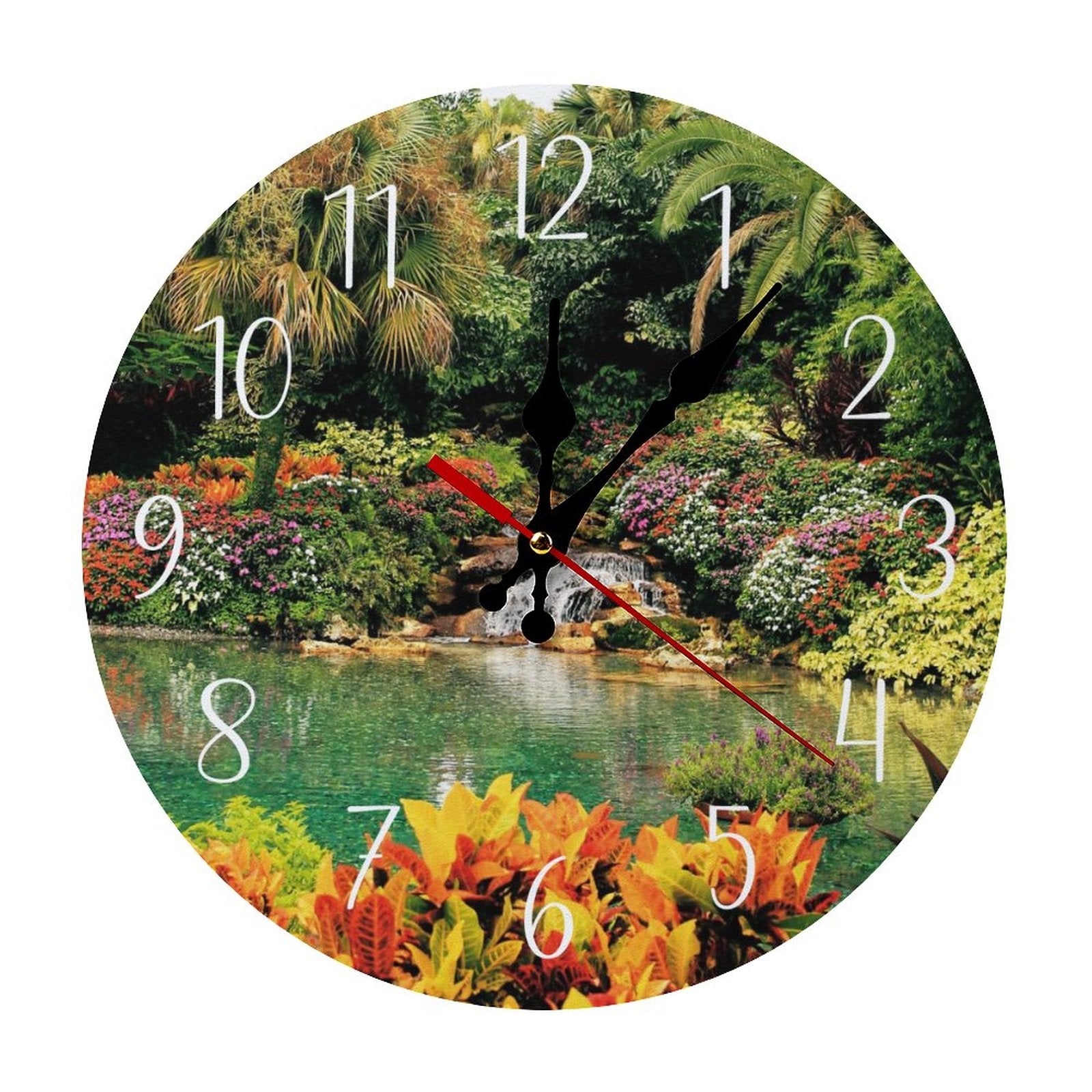 Serene Tropical Garden and Waterfall Modern Wooden Wall Clock
