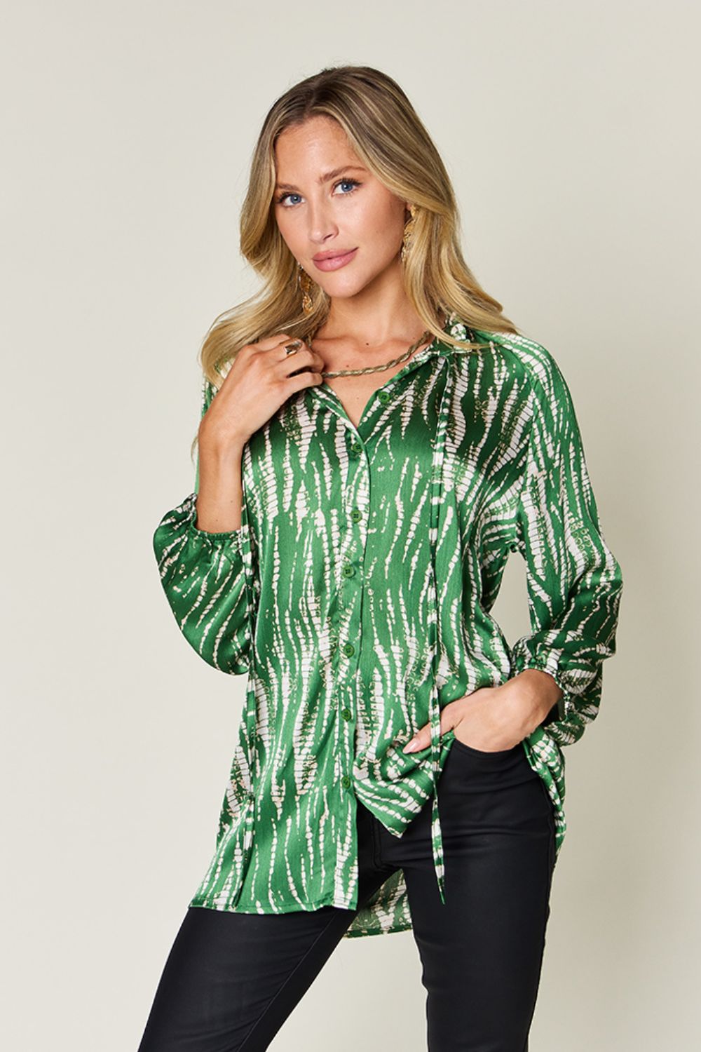 Women's Double Take Printed Button Up Long Sleeve Shirt