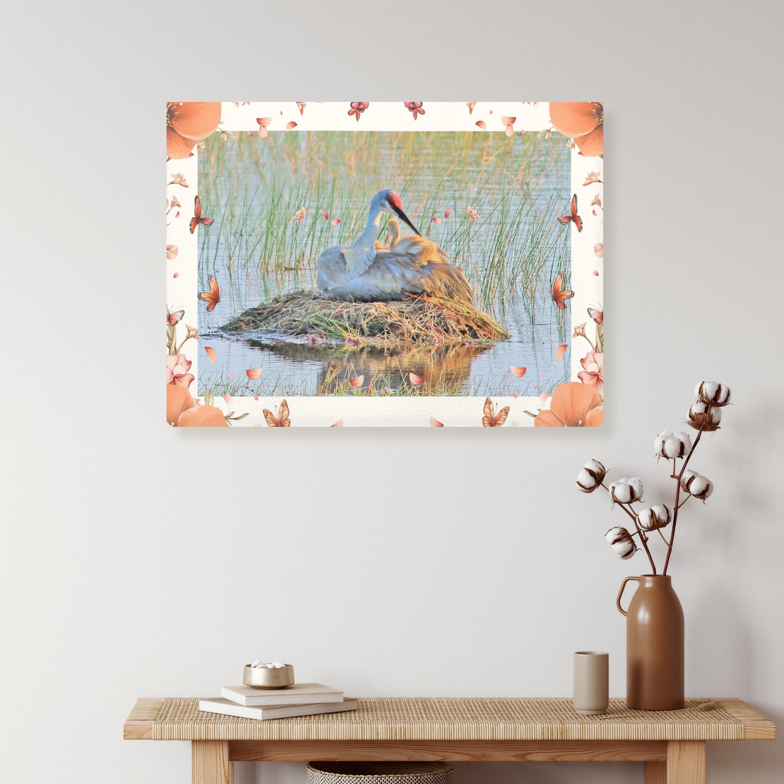 Sandhill Crane with Flower Border Frame Canvas Print 24