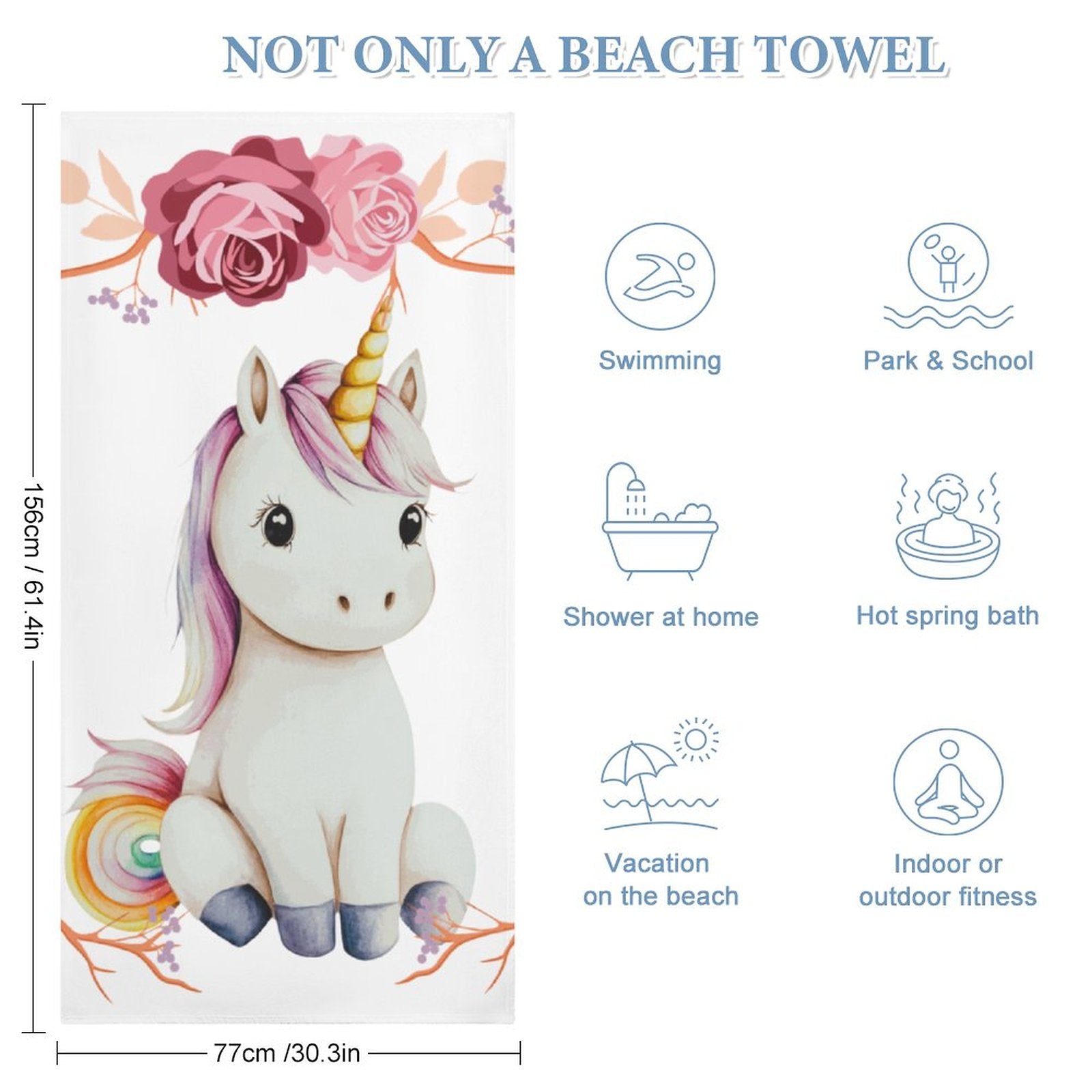 Baby Unicorn with Pink Roses Beach Towel - 61.4