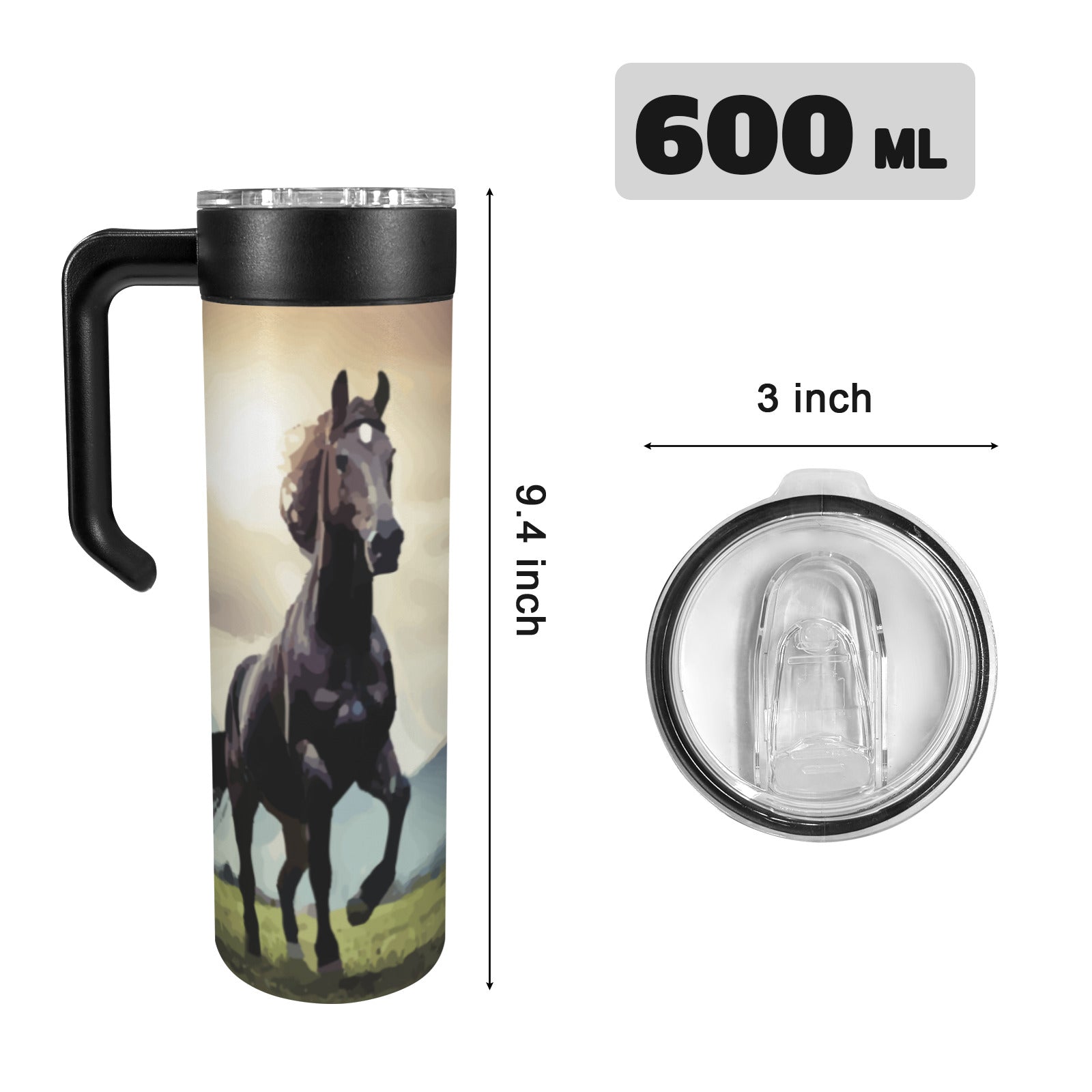 Wild Black Horse 600ml Insulated Water Bottle with Screw On Handle