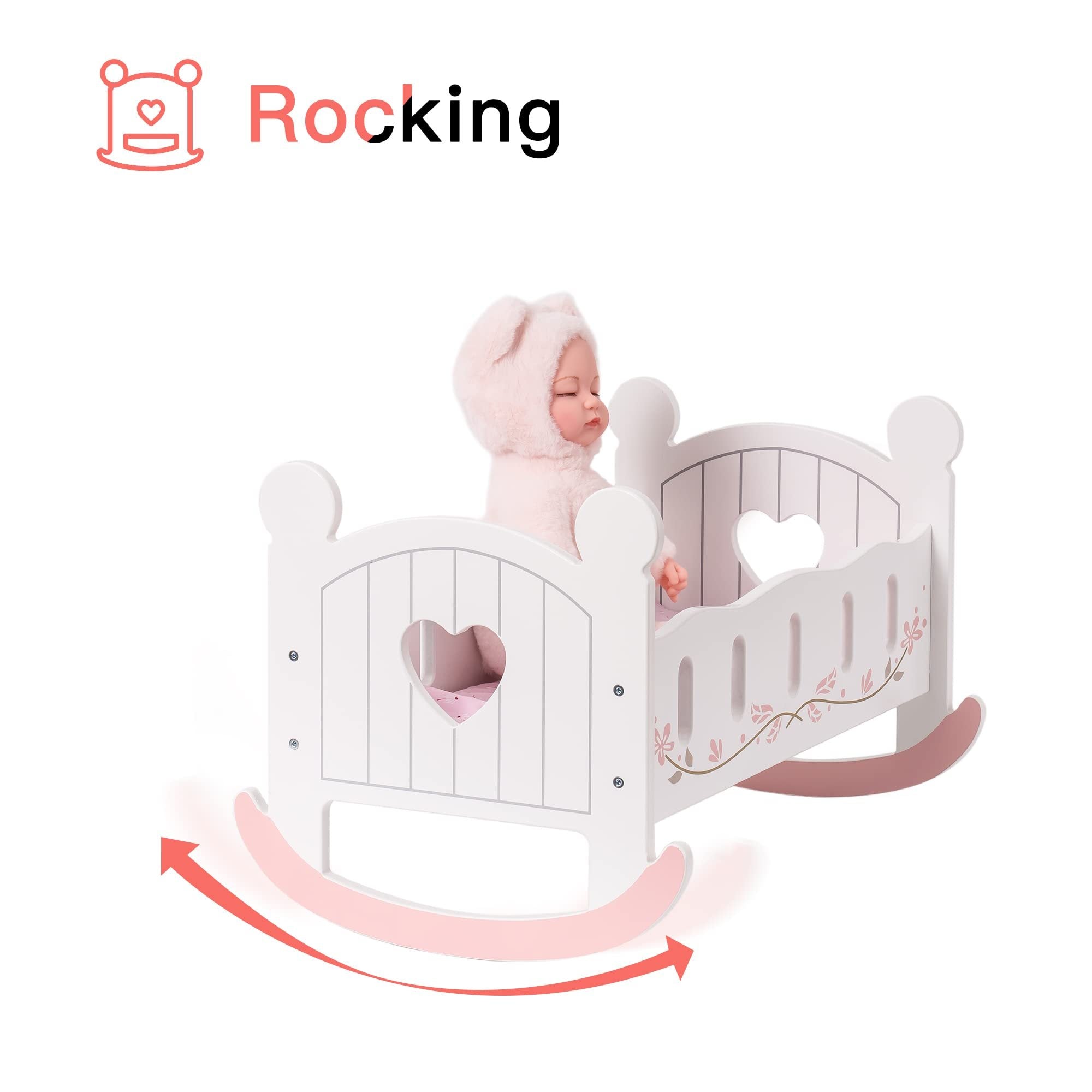 Wooden Doll Bed Cradle with Bedding For Dolls Up to 18 Inches