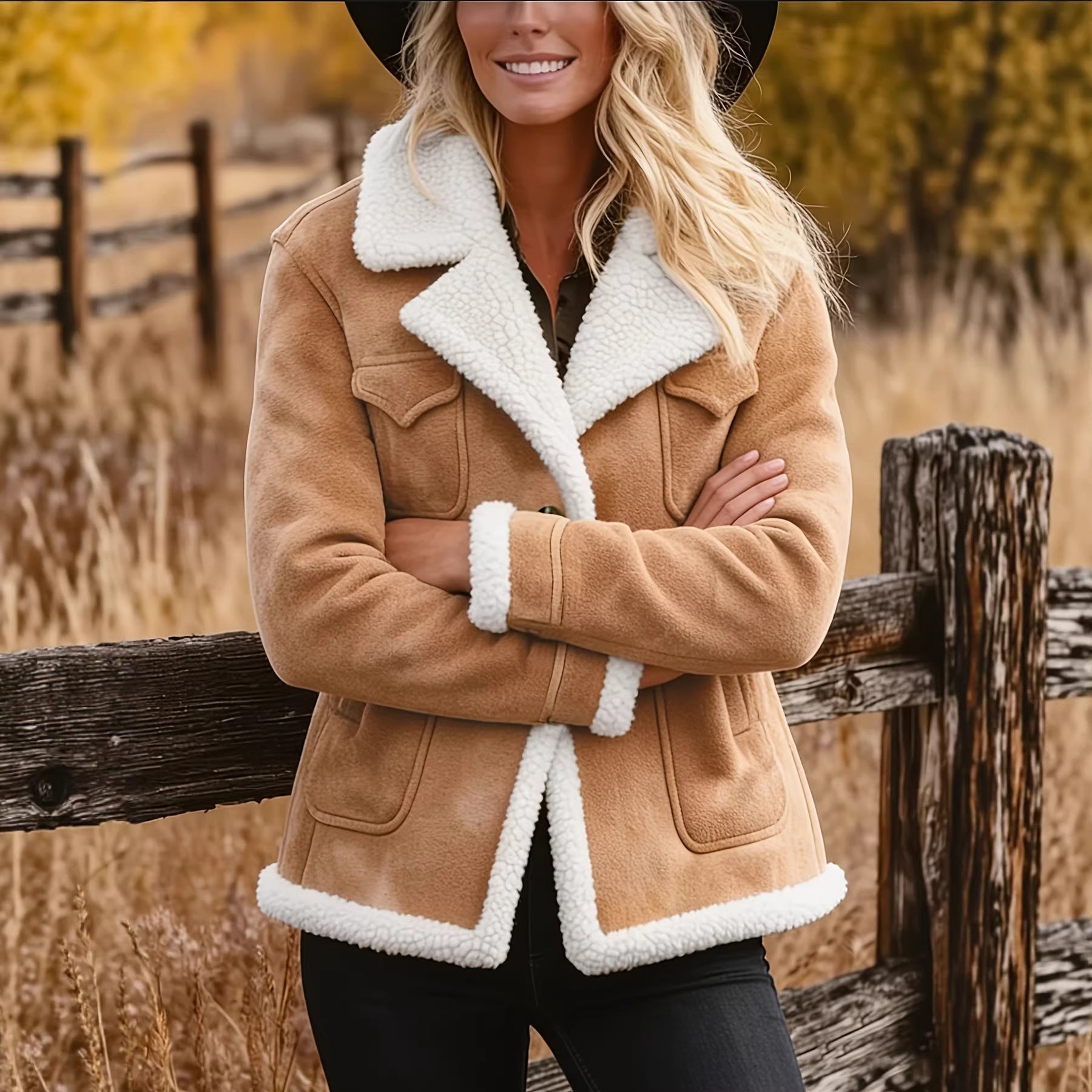 Women's Retro Pocket Lapel Button Jacket Fur Coat