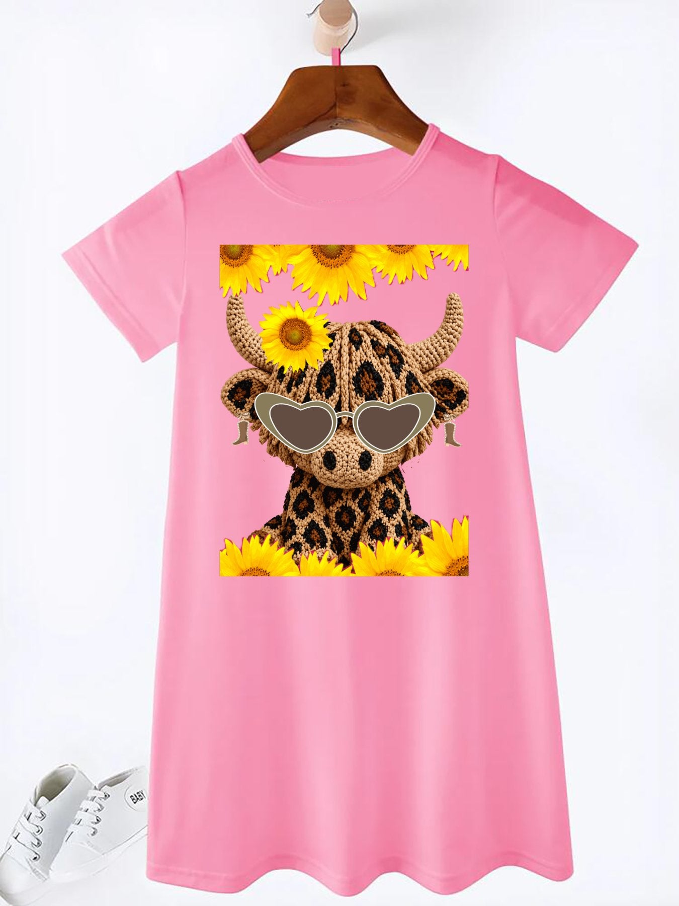 Yarn Highland Calf with Sunglasses Girls' Summer Dress (Front Printing)