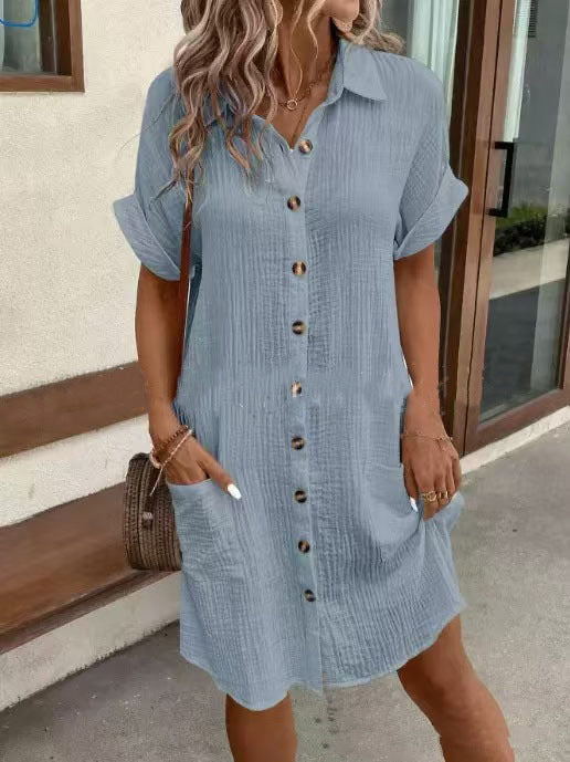 Women's Fashion Solid Color Single-breasted Loose Shirt Dress