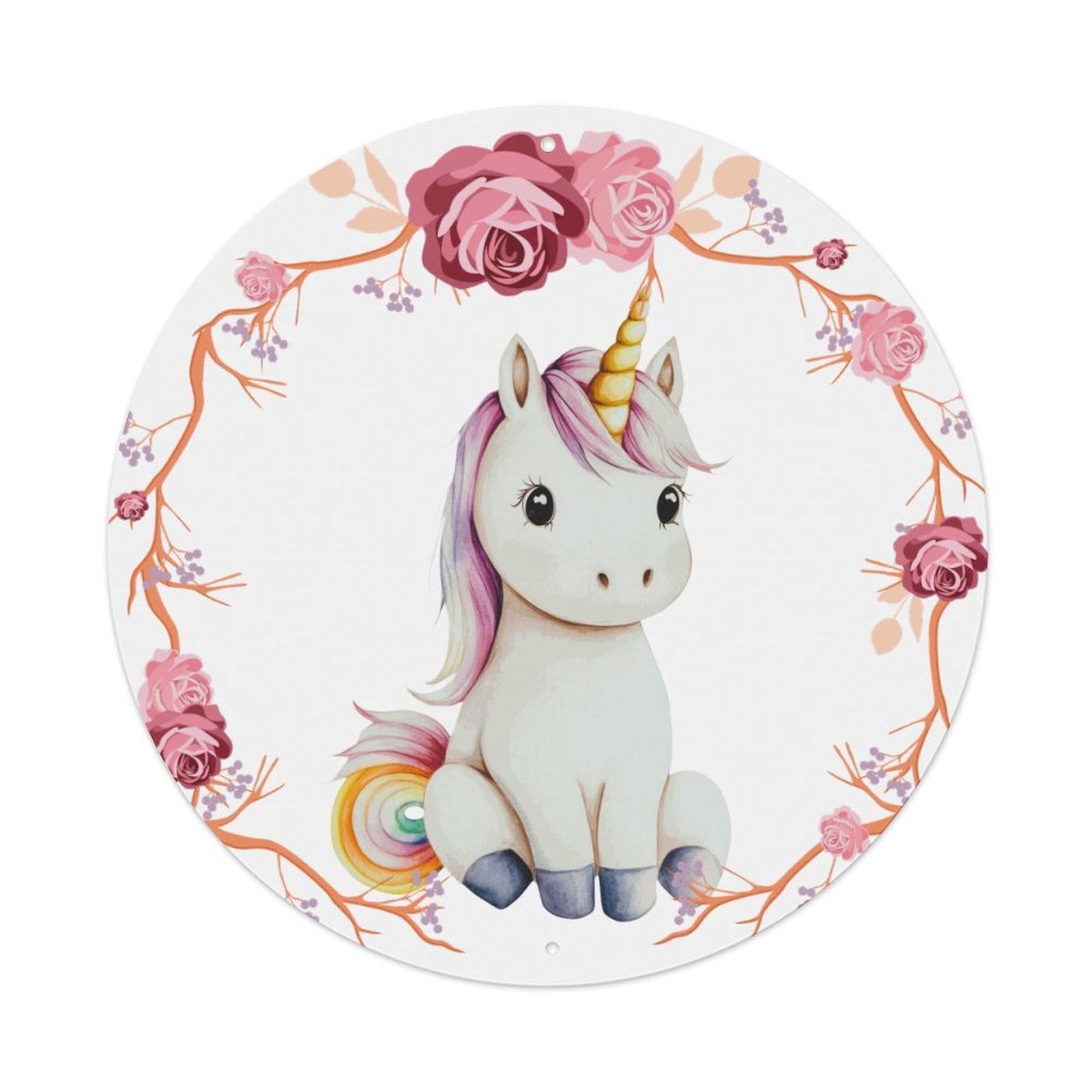Baby Unicorn with Pink Roses Round Aluminum Plaque Painting