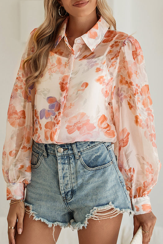 Women's White Floral Print Balloon Sleeve Loose Shirt