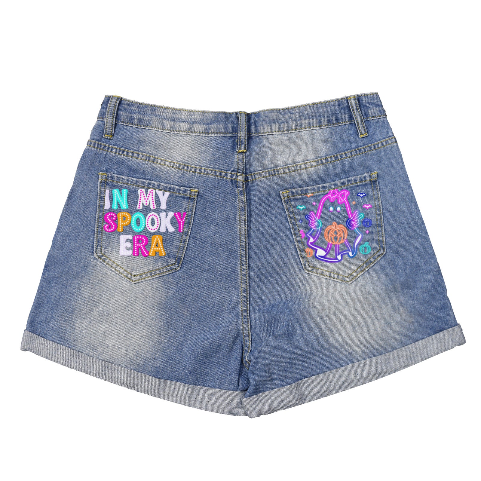 Retro Halloween Neon Ghost Light-Wash Blue Denim Shorts (Dual Pockets Print)