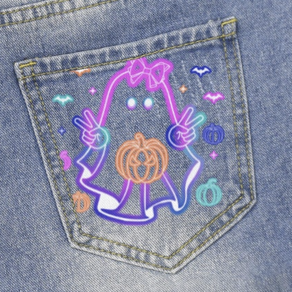 Retro Halloween Neon Ghost Light Blue Denim Shorts with Dual Pockets Design