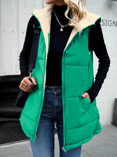 Medium-length Zip Up Hooded Puffer Vest up to 2XL - Shell Design Boutique