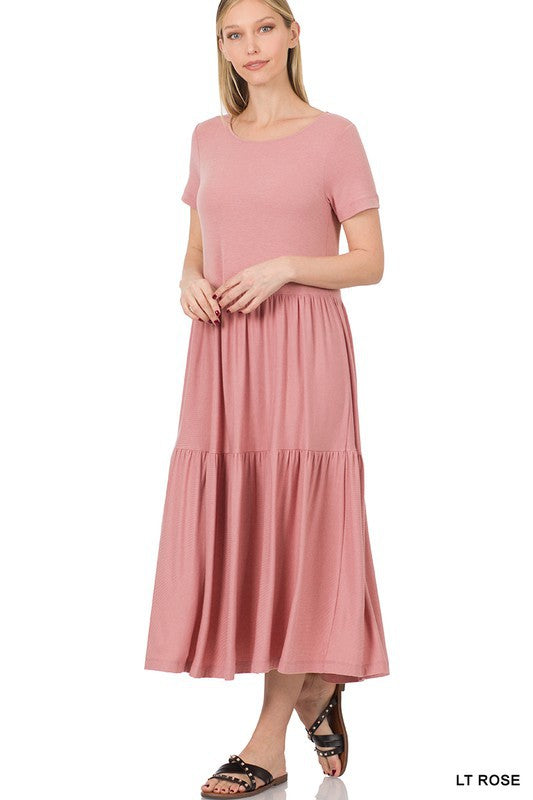 Women's Short Sleeve Tiered Midi Dress