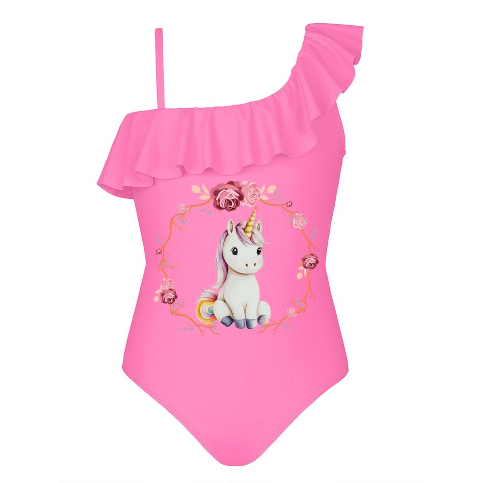 Baby Unicorn with Pink Roses Girls' Ruffled One-Piece Swimsuit (Front Printing)