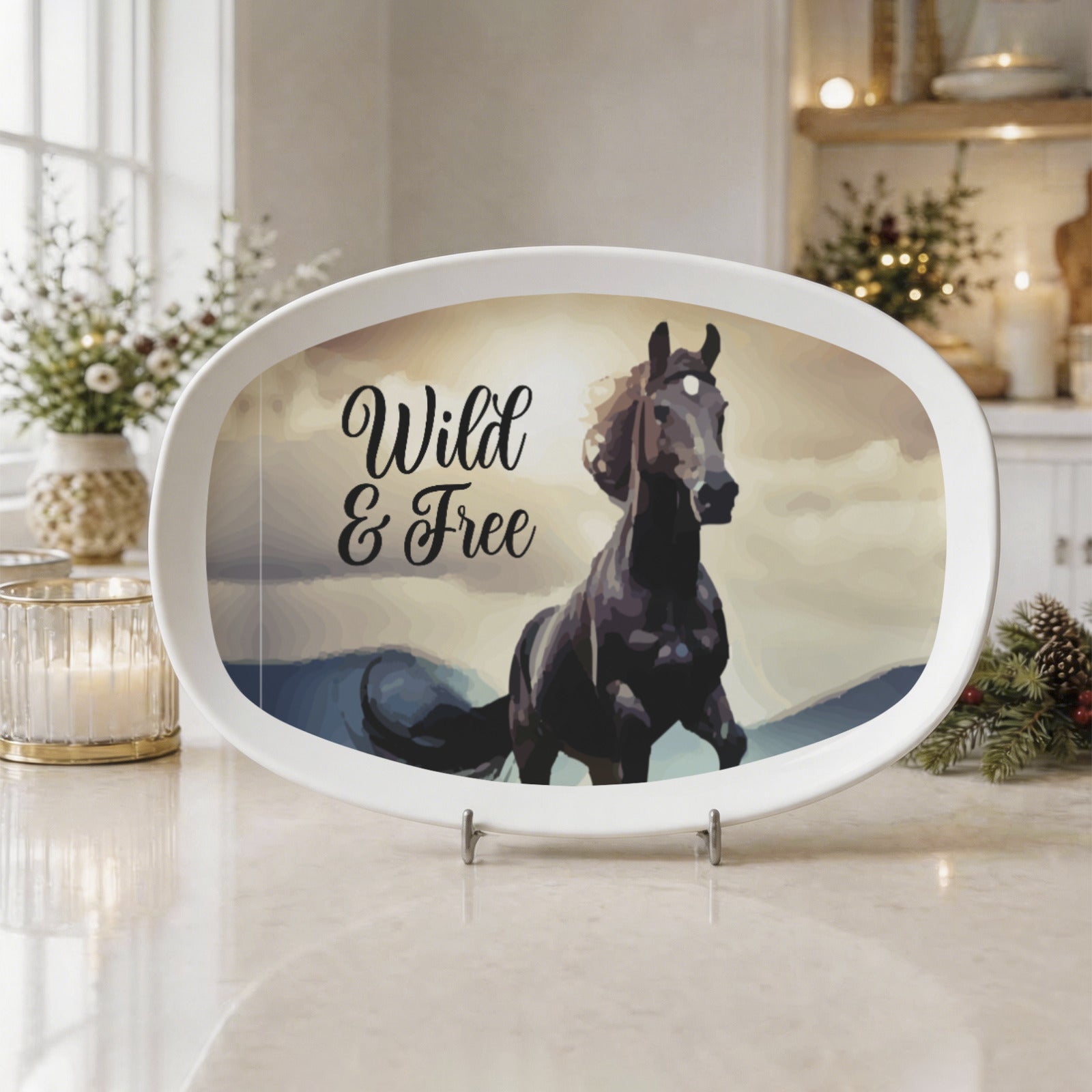 Wild & Free Black Horse Oval Serving Platter Melamine Decorative Plate