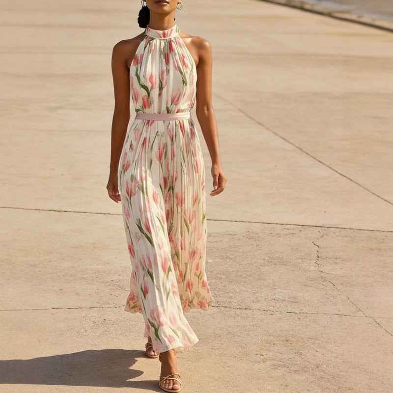 Women's Halterneck High-Waist Swing Dress – Floral & Solid Prints