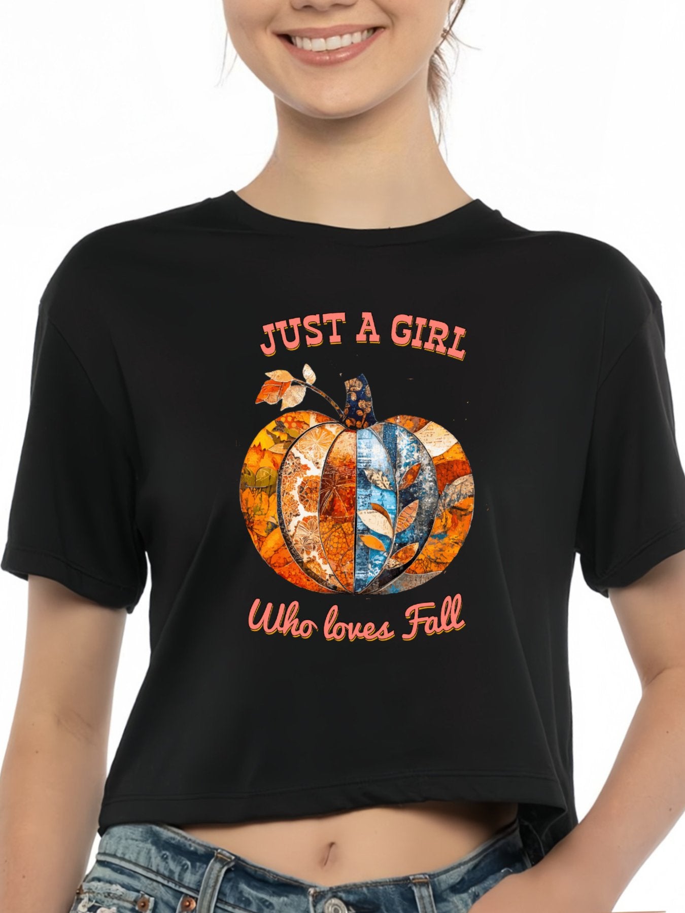 Just a Girl Who Loves Fall Pumpkins Cotton Crop Top for Women (Front Printing)