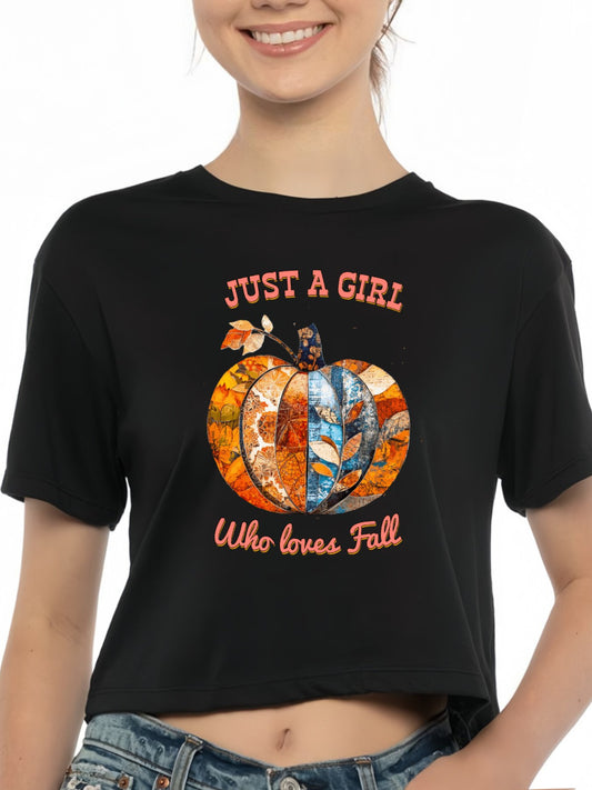 Just a Girl Who Loves Fall Pumpkins Cotton Crop Top for Women (Front Printing)