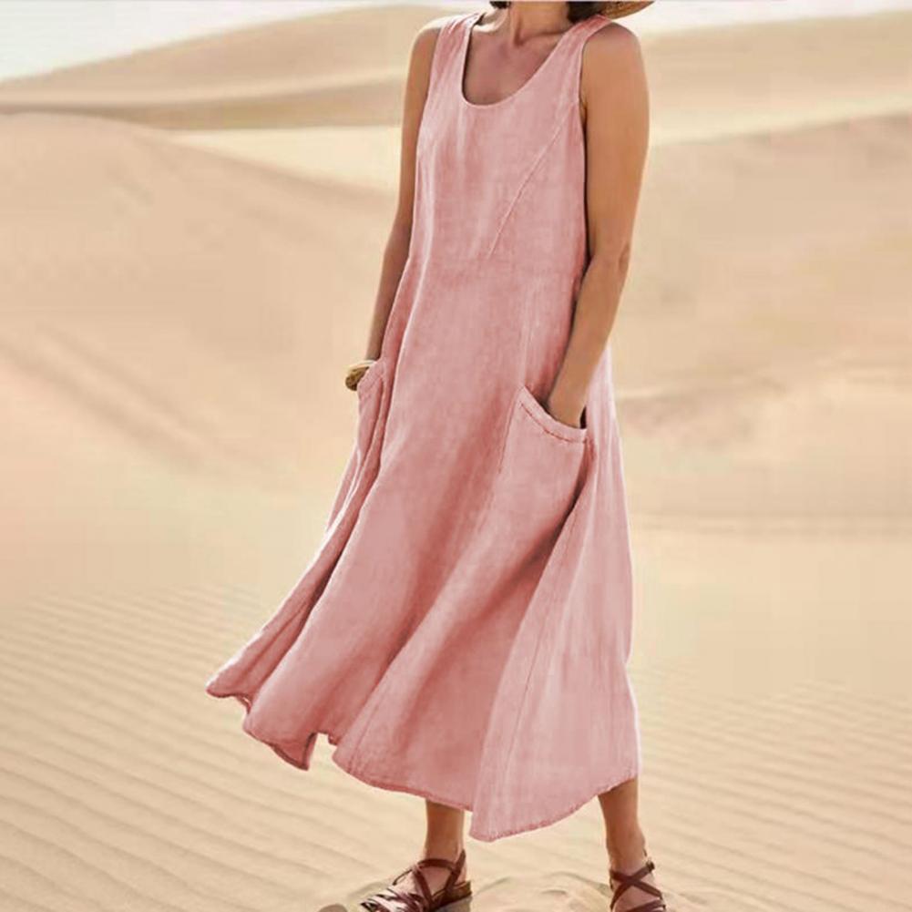 Women's Plus Size Summer Sleeveless Loose Maxi Dress With Pockets