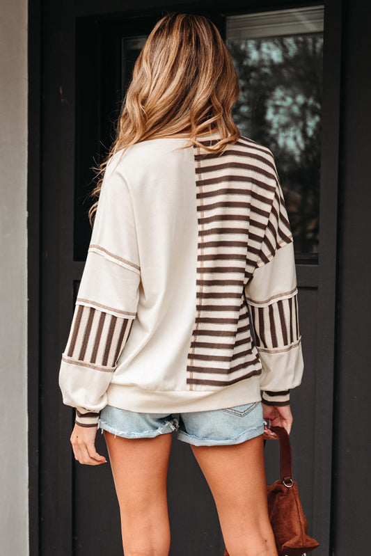 Women's Stripe Patchwork Long Sleeve Henley Top