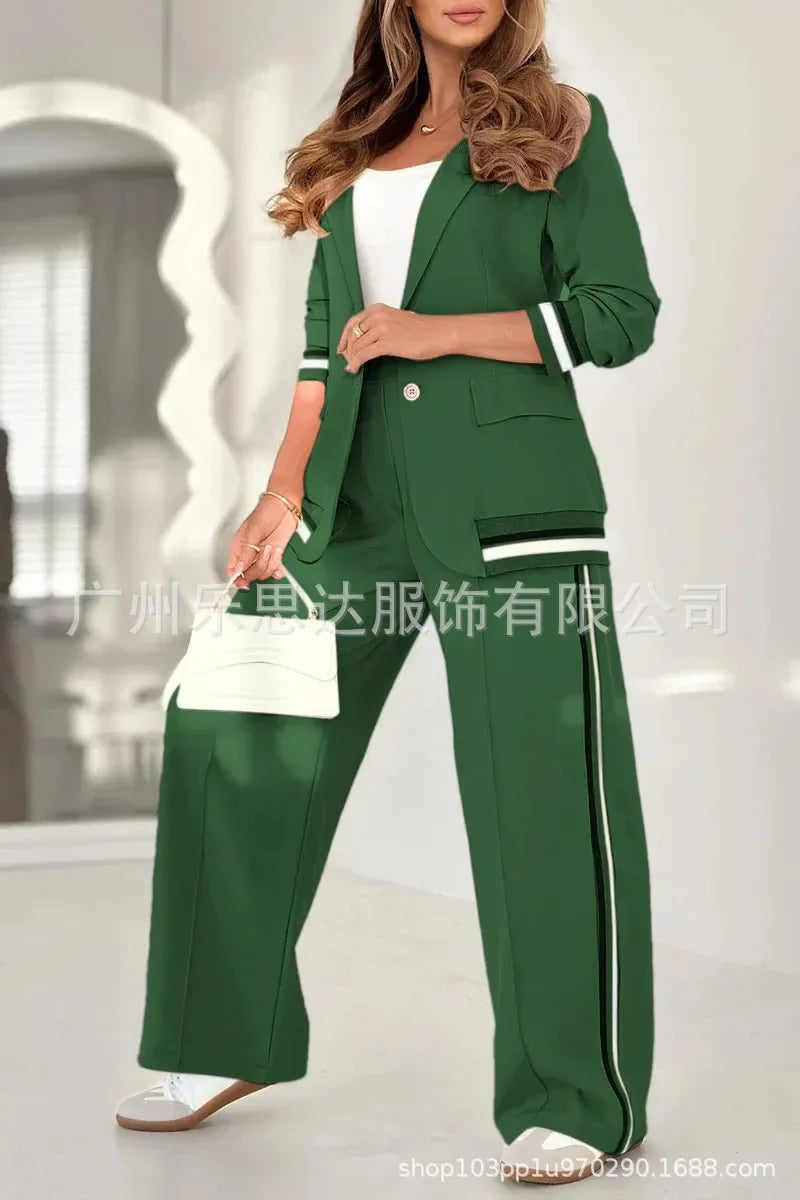 Women Suit Jacket 2 Piece Sets Striped Blazer Coat Turn Down Collar Single Breasted Wide Leg Pants Ensemble Office Lady Outfits