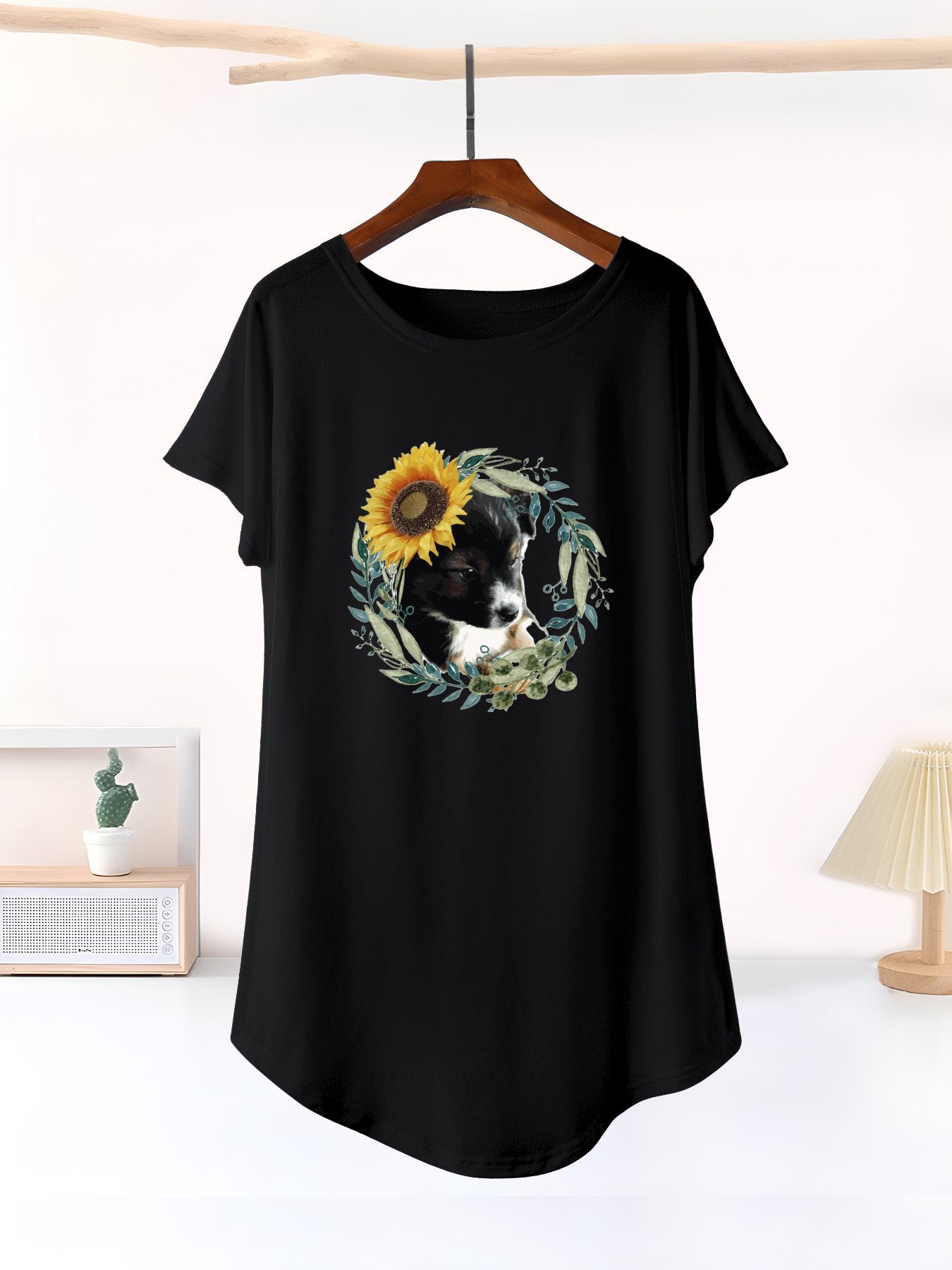 Cute Black Puppy Casual Summer Short T-Shirt Dress (Front Printing)