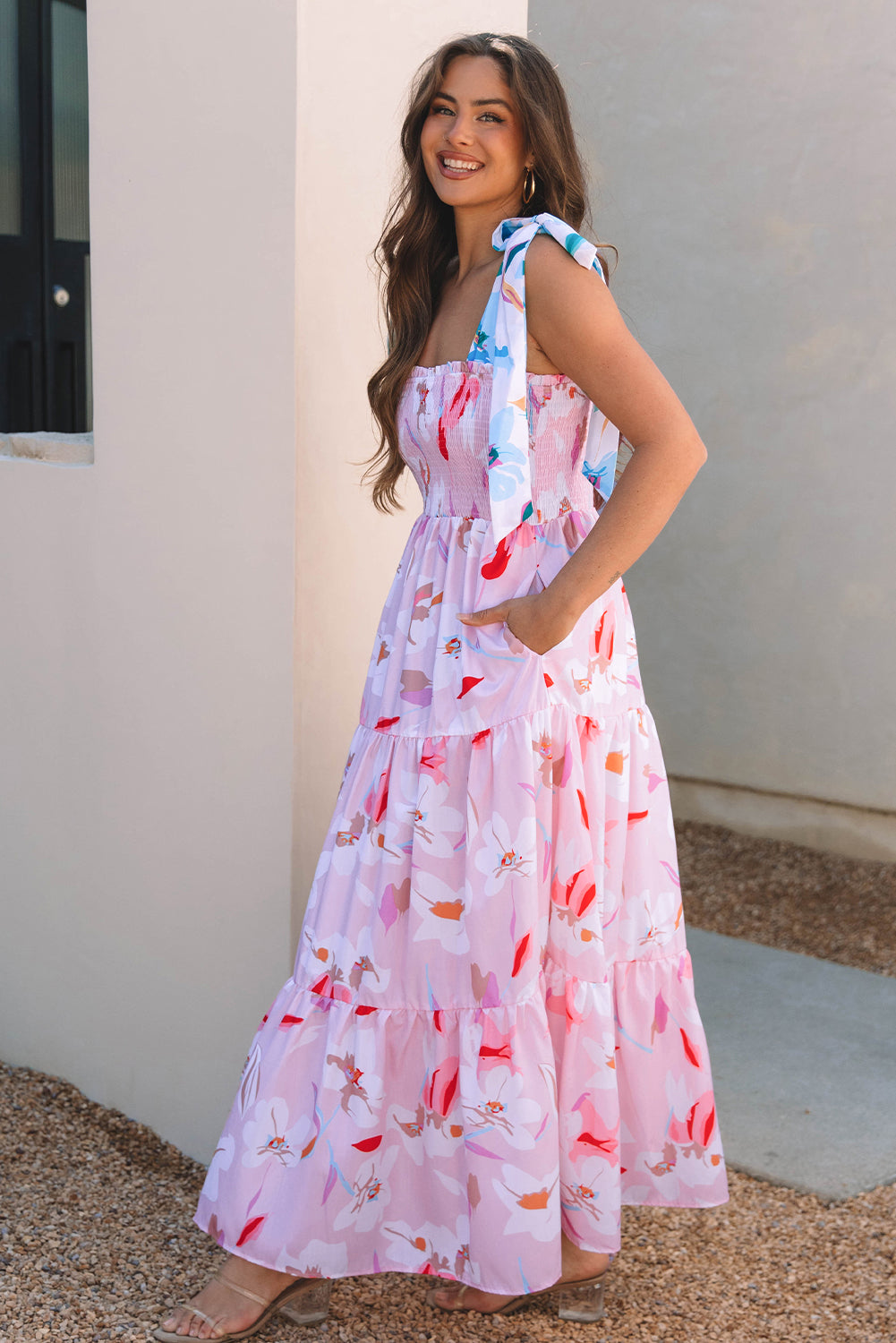 Pink Floral Print Knotted Shoulder Smocked Maxi Dress Pink / S / 100%Polyester