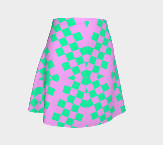 Neon Green Checkered Design Short Flared Skirt