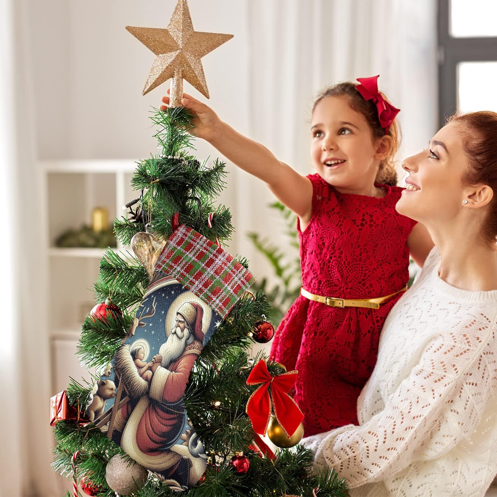 Santa with Baby Jesus Sequin Christmas Stocking (Made in USA)