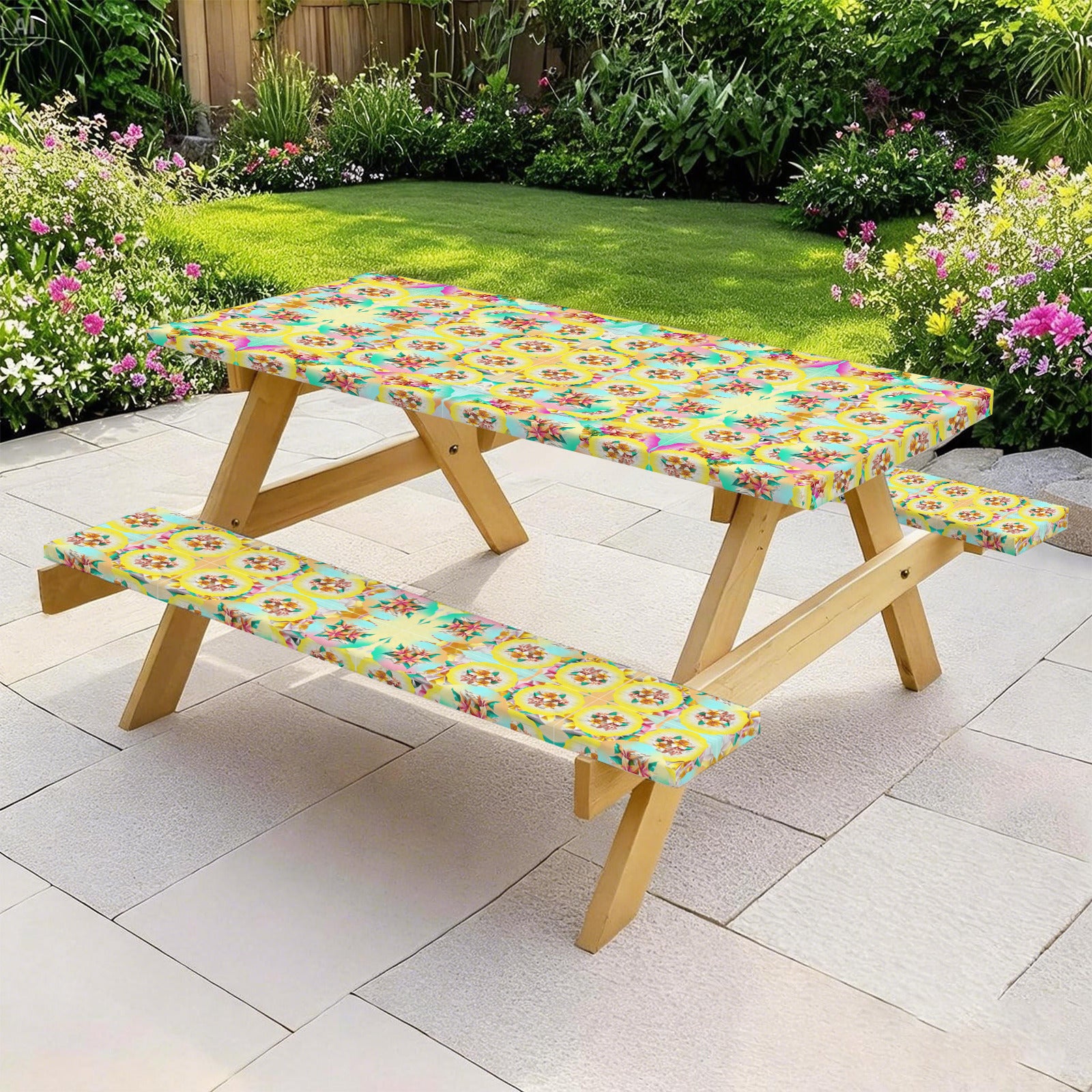 Circle Floral Pastel Pattern Picnic Table & Bench Covers Set 60
