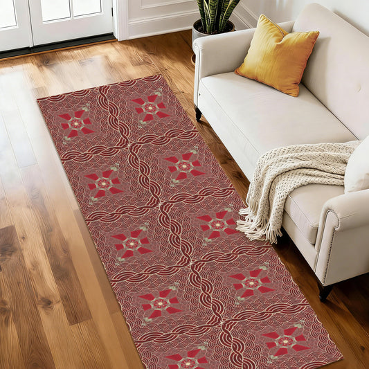 Patterned rug on a wooden floor in a living room with a white sofa and yellow pillow.