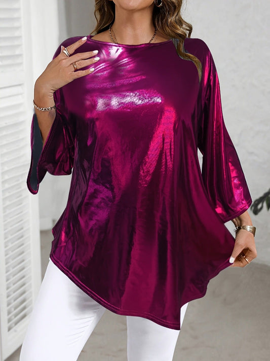 Metallic Asymmetrical 3/4 Sleeve Trendy Plus Size Top