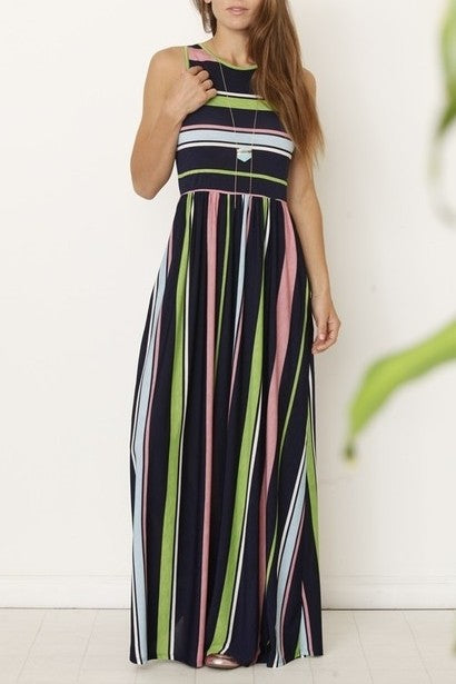 Women's Multicolored Striped Sleeveless Maxi Dress with Hidden Pocket