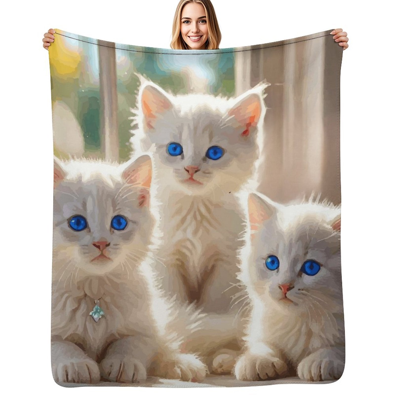 Fluffy White Kittens with Blue Eyes Sherpa Fleece Throw Blanket