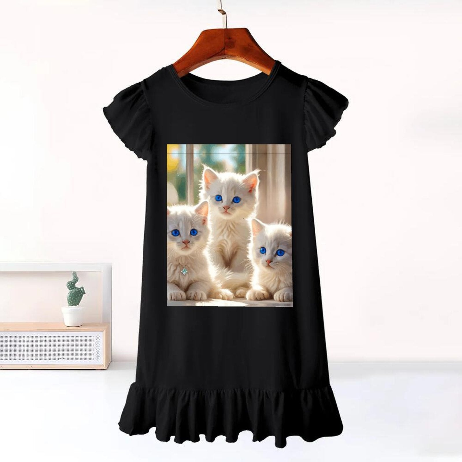Fluffy White Kittens with Blue Eyes Flutter Sleeve Dress for Girls (Front Printing)