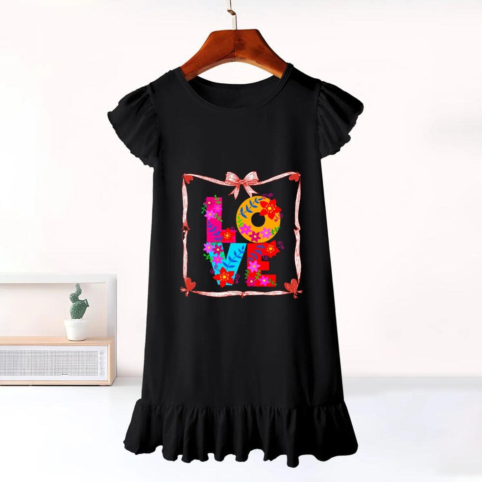 Floral LOVE Flutter Sleeve Dress for Girls (Front Printing)