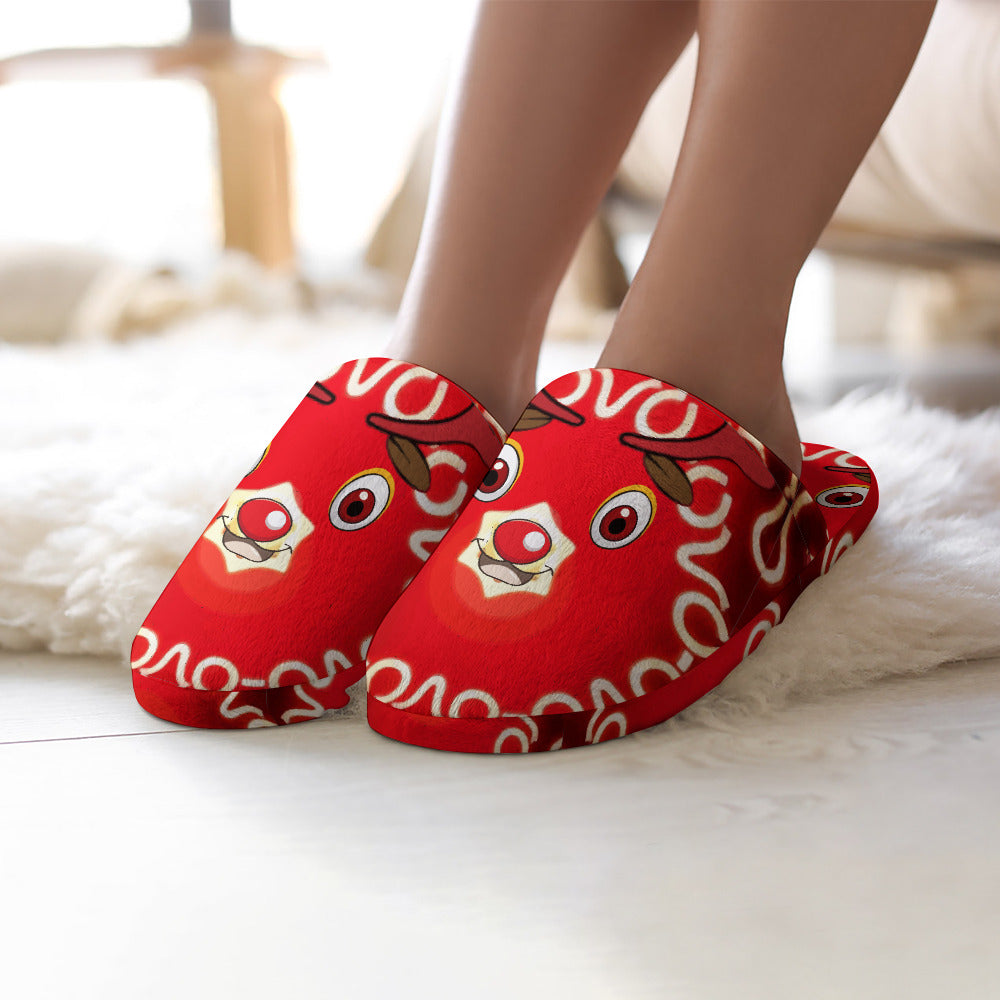 Women's Red Rudolph Christmas Cotton House Slippers