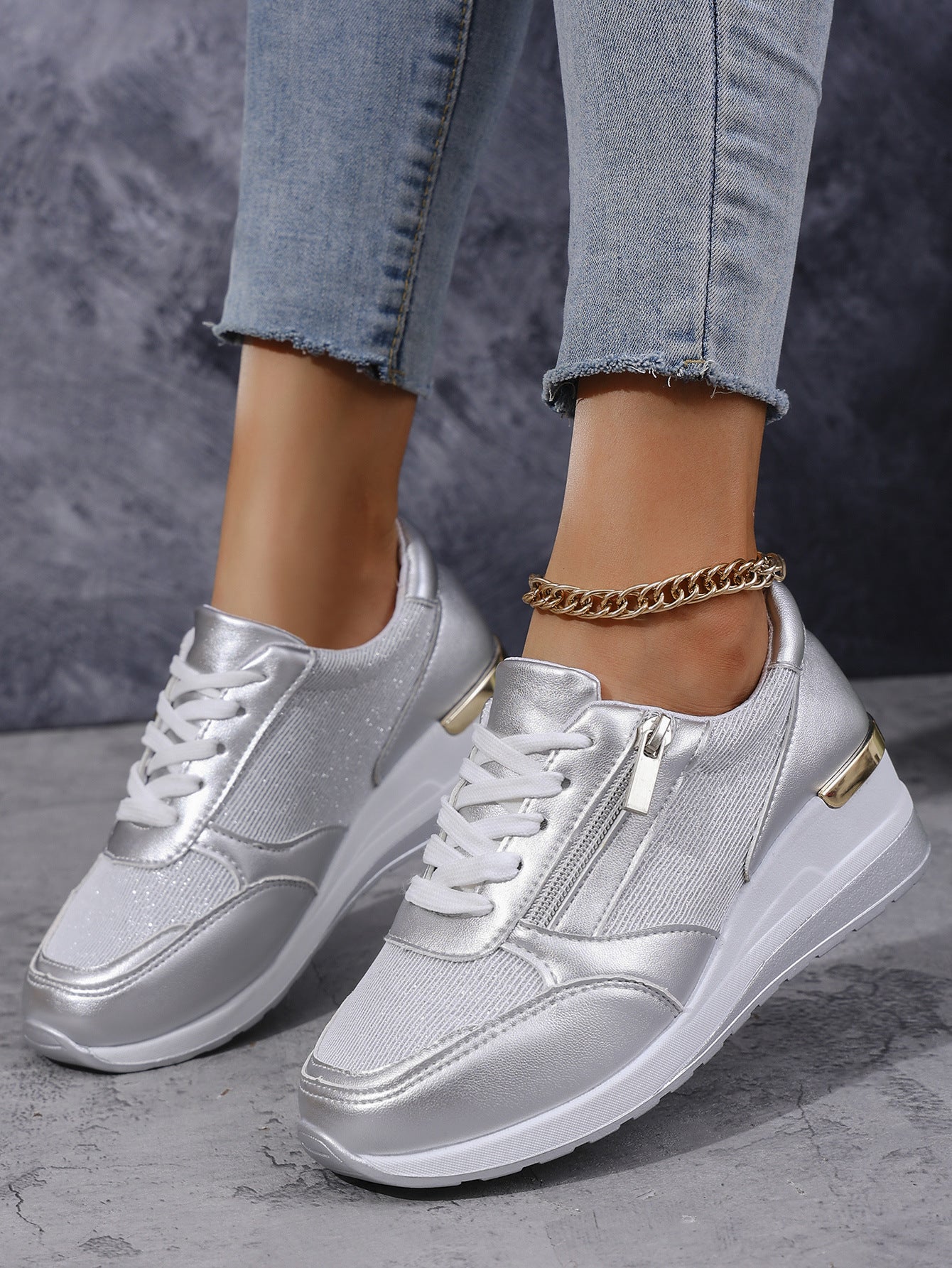 Women's Lace-up Side Zip Design Thick-soled Casual Shoes Sneakers