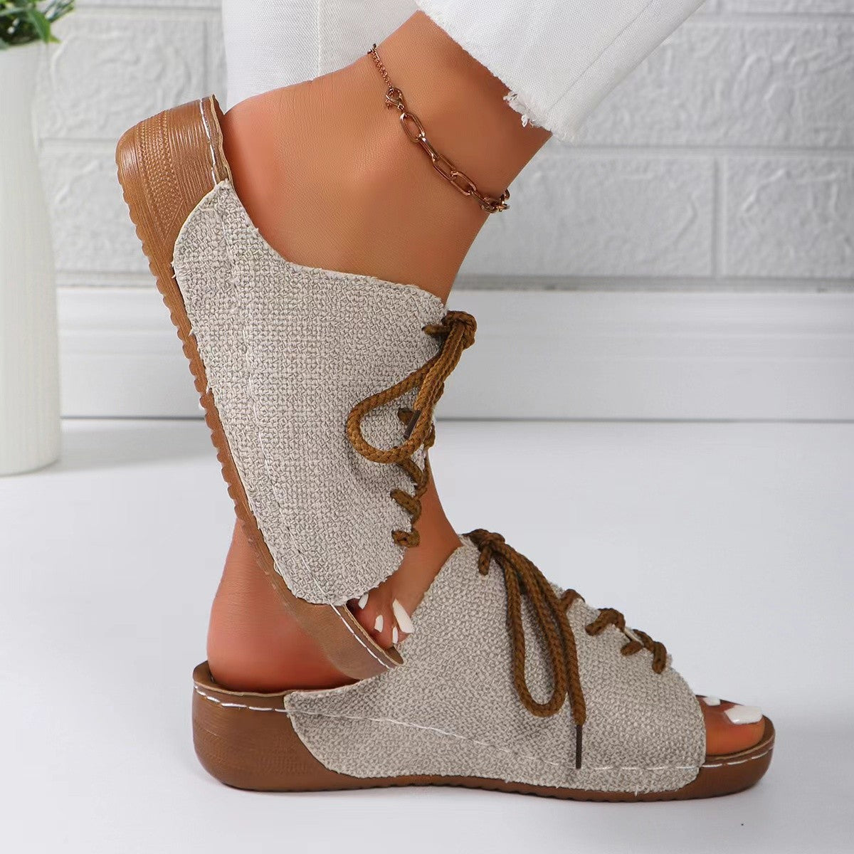 Women's Beige Lace-Up Open Toe Wedge Sandals