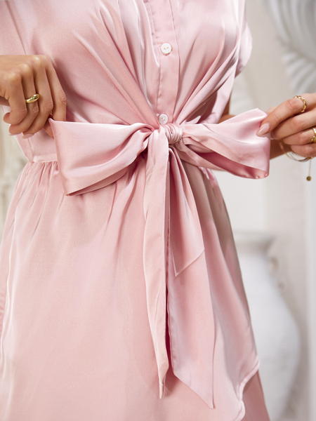 Vestido camisero rosa liso con nudo delantero para mujer
