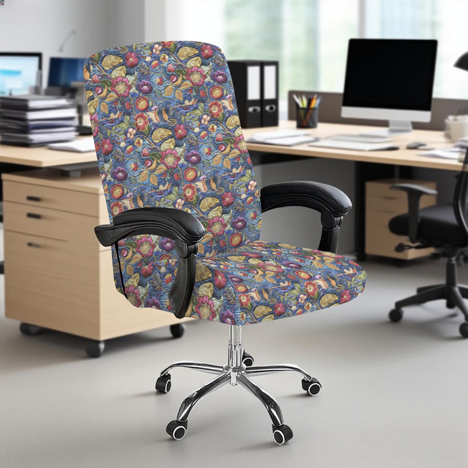 Faux Embroidered Blue Quilt Pattern Office Chair Cover (Made in USA)