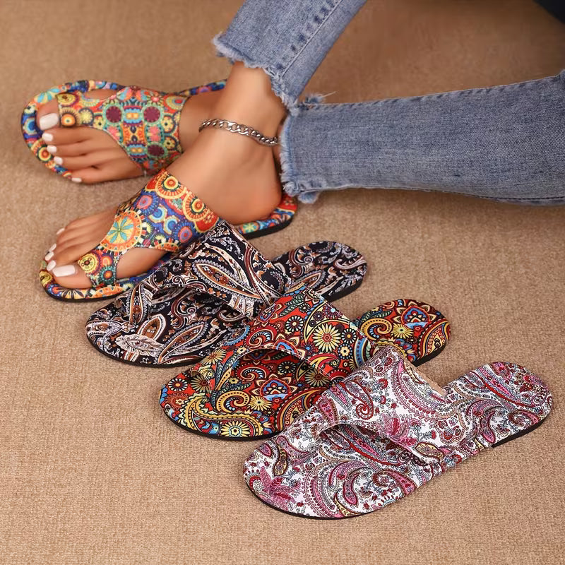 Paisley Print Boho Toe Loop Flat Sandals
