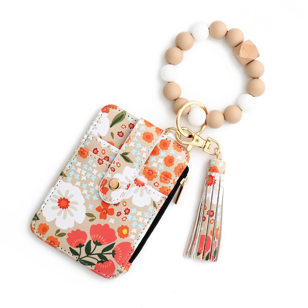 Women's Floral Print Leather Card Wallet and Keychain